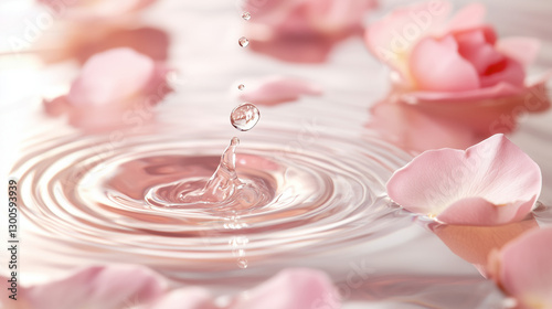 Swirling ripple water with clear droplet and pale pink rose flower petals represent pure and beauty from organic nature extracted ingredient.