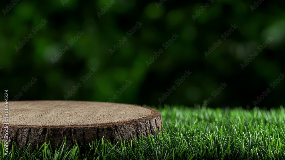 Fototapeta premium Natural Tree Stump Platform Stage for Product Showcase in Lush Green Setting Environment Display Background