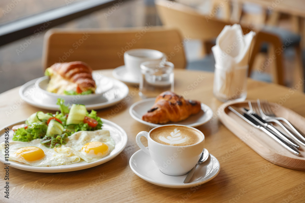 Delicious breakfast served on wooden table in cafe Delicious breakfast served on wooden table in cafe