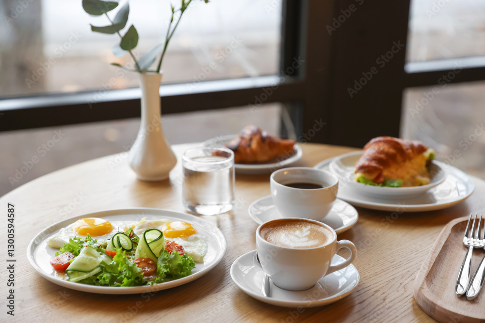Delicious breakfast served on wooden table in cafe Delicious breakfast served on wooden table in cafe