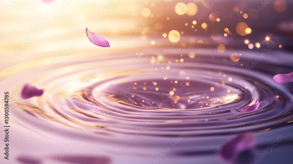 Swirling ripple clear water with flower petals and gold sparkles background represent luxury rich beauty extracted of liquid product. Swirling ripple clear water with flower petals and gold sparkles background represent luxury rich beauty extracted of liquid product.