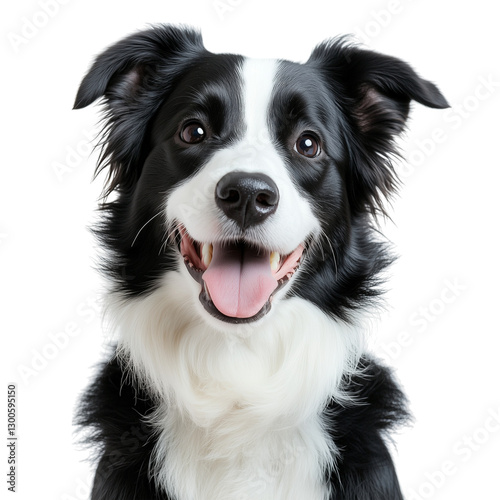 Portrait of black and white border collie dog, with its tongue out, smiling on transparent background