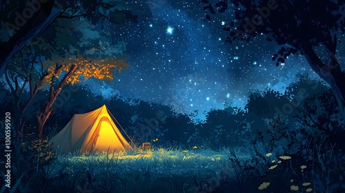 Camping under the stars forest illustration nighttime aesthetic serenity and adventure