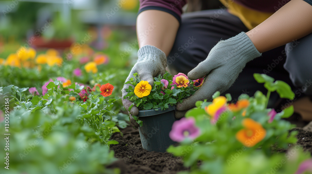 Obraz premium Parents teaching their children how to plant flowers in the garden , family, photo style