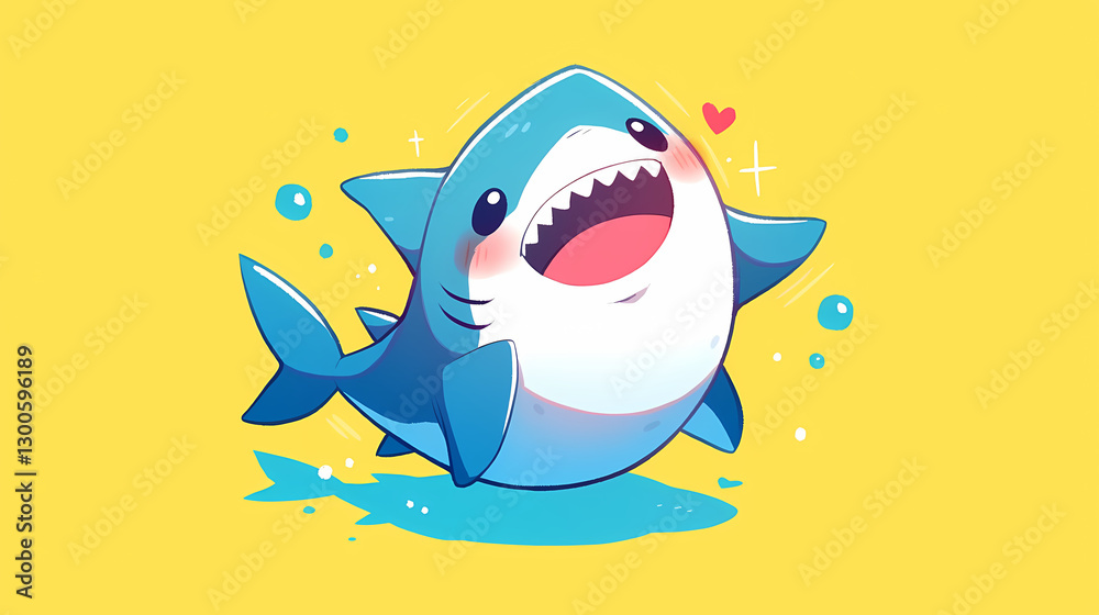 Playful cartoon shark swimming joyfully in a bright yellow ocean with bubbles and hearts around Playful cartoon shark swimming joyfully in a bright yellow ocean with bubbles and hearts around