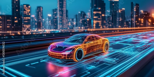 Futuristic Electric Car Neon Cityscape Night Drive Technology art road speed lines modern design    