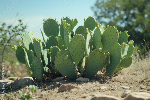 Prickly Pear Cactus in Desert. Prickly pear cactus in a desert setting, ideal for nature-themed designs. photo