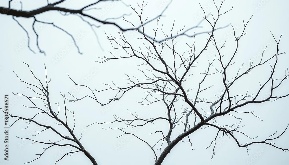 Fototapeta premium Bare, intricately branched tree limbs against a pure white backdrop, natural, organic