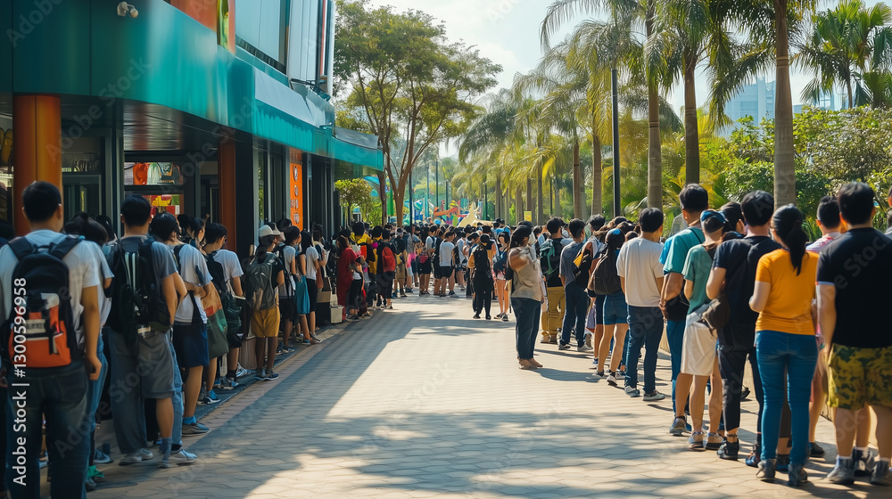 A long line of people waiting to enter a theme park, people waiting in queue, photo style A long line of people waiting to enter a theme park, people waiting in queue, photo style