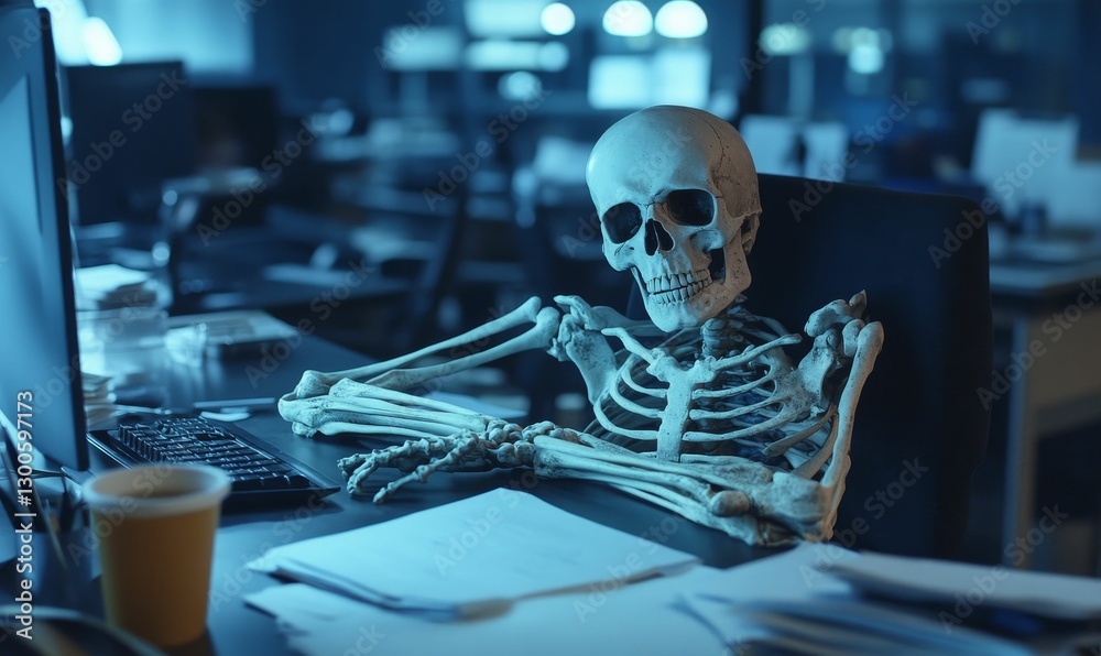 Skeletal office worker working long hours in a dim blue Skeletal office worker working long hours in a dim blue
