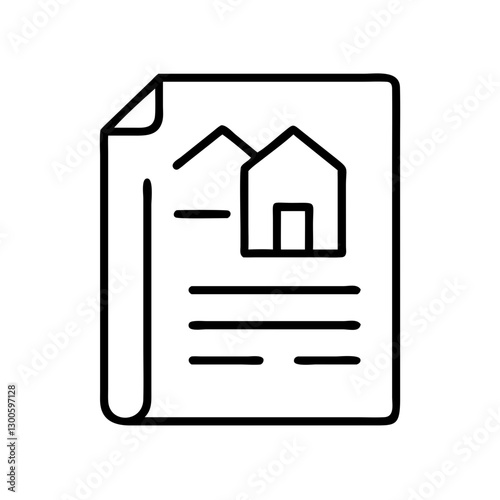 House document icon with outline design, representing home ownership, black outline, modern design
