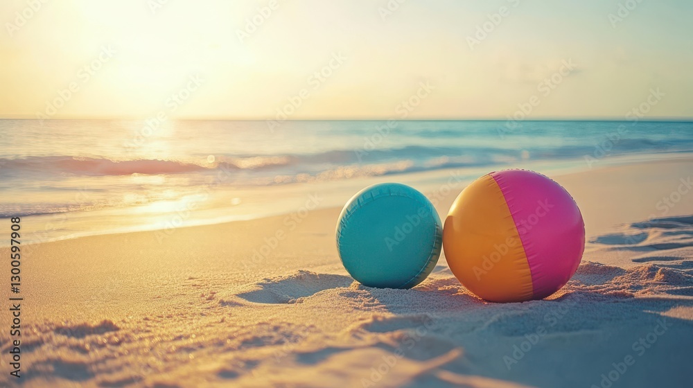 Calm Beach Scene with Colorful Balls at Golden Hour Calm Beach Scene with Colorful Balls at Golden Hour