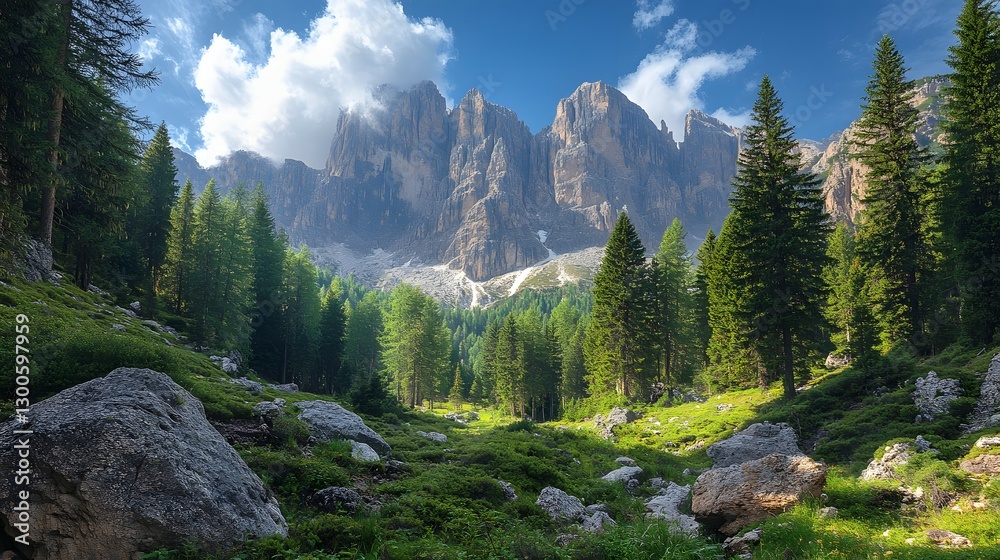 Obraz premium A dense forest of tall, green pine trees in the mountains