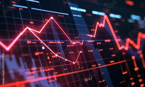 Dynamic Red Financial Graph With Fluctuating Data Trends And Visualization Elements