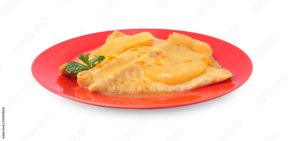 Plate with tasty crepes Suzette isolated on white Plate with tasty crepes Suzette isolated on white