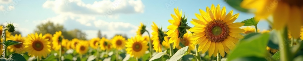 Naklejka premium Tall sunflowers sway gently in the breeze with leaves, flowers, garden