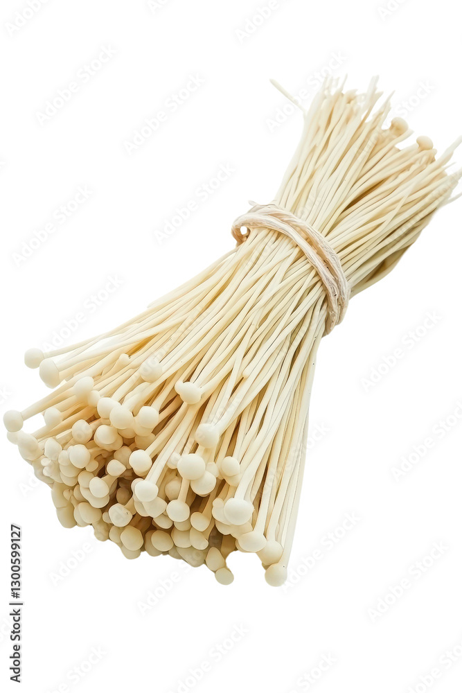 A cluster of enoki mushrooms with long, thin stems, isolated on transparent background, PNG A cluster of enoki mushrooms with long, thin stems, isolated on transparent background, PNG