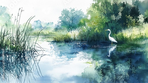 A bird is standing in the water near a lake photo
