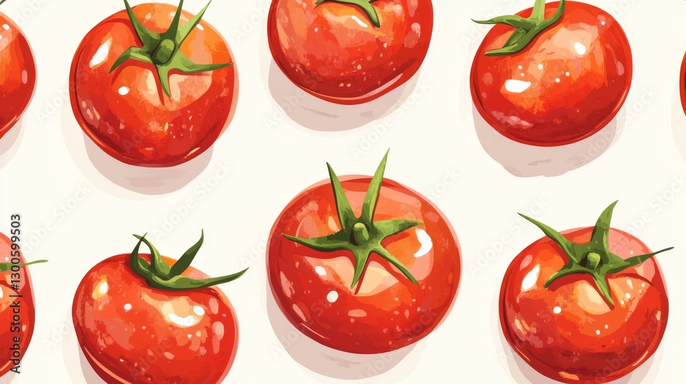 Seamless pattern of vibrant red tomatoes with green stems on white background Seamless pattern of vibrant red tomatoes with green stems on white background