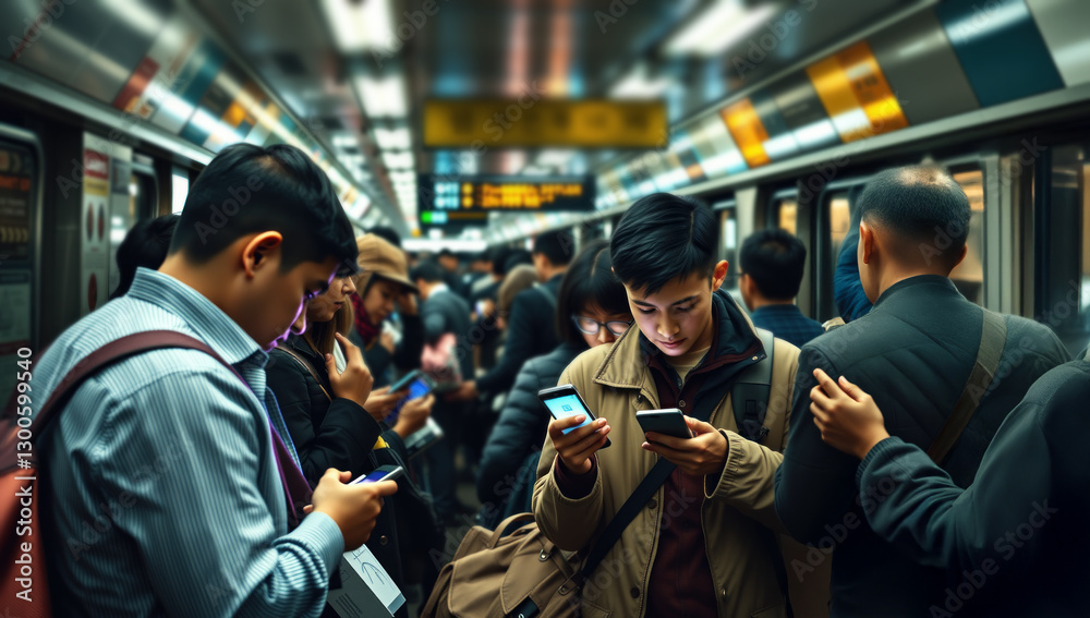 Busy subway station commuters crowd waiting train platform smartphones focused digital urban transportation rush hour underground modern fast-paced city life movement transit Busy subway station commuters crowd waiting train platform smartphones focused digital urban transportation rush hour underground modern fast-paced city life movement transit