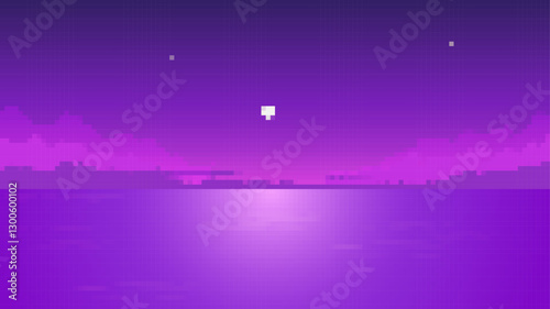 Pixel art shows a calm ocean beneath a vibrant purple sky with bright stars shining above.