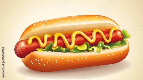 Delicious hot dog with mustard and lettuce on a bun