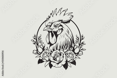 Majestic Rooster with Floral Wreath 
 vector