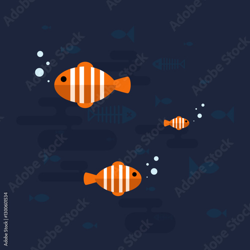 Colorful striped fish swimming in deep water with bubbles in a vibrant marine setting