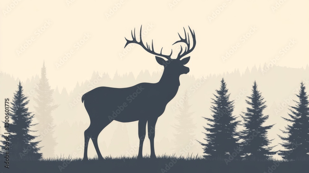 Majestic silhouette of a deer with antlers in a misty forest landscape Majestic silhouette of a deer with antlers in a misty forest landscape