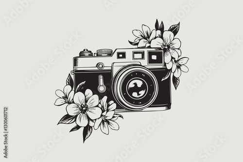 Vintage Camera with Sunflowers Illustration 
 vector
