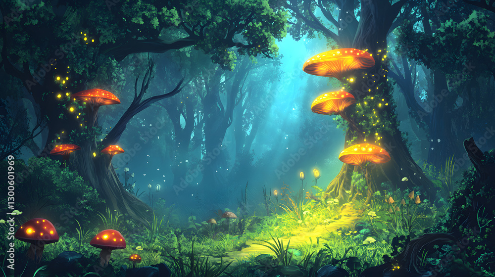 Enchanted Forest Pathway with Glowing Mushrooms Enchanted Forest Pathway with Glowing Mushrooms