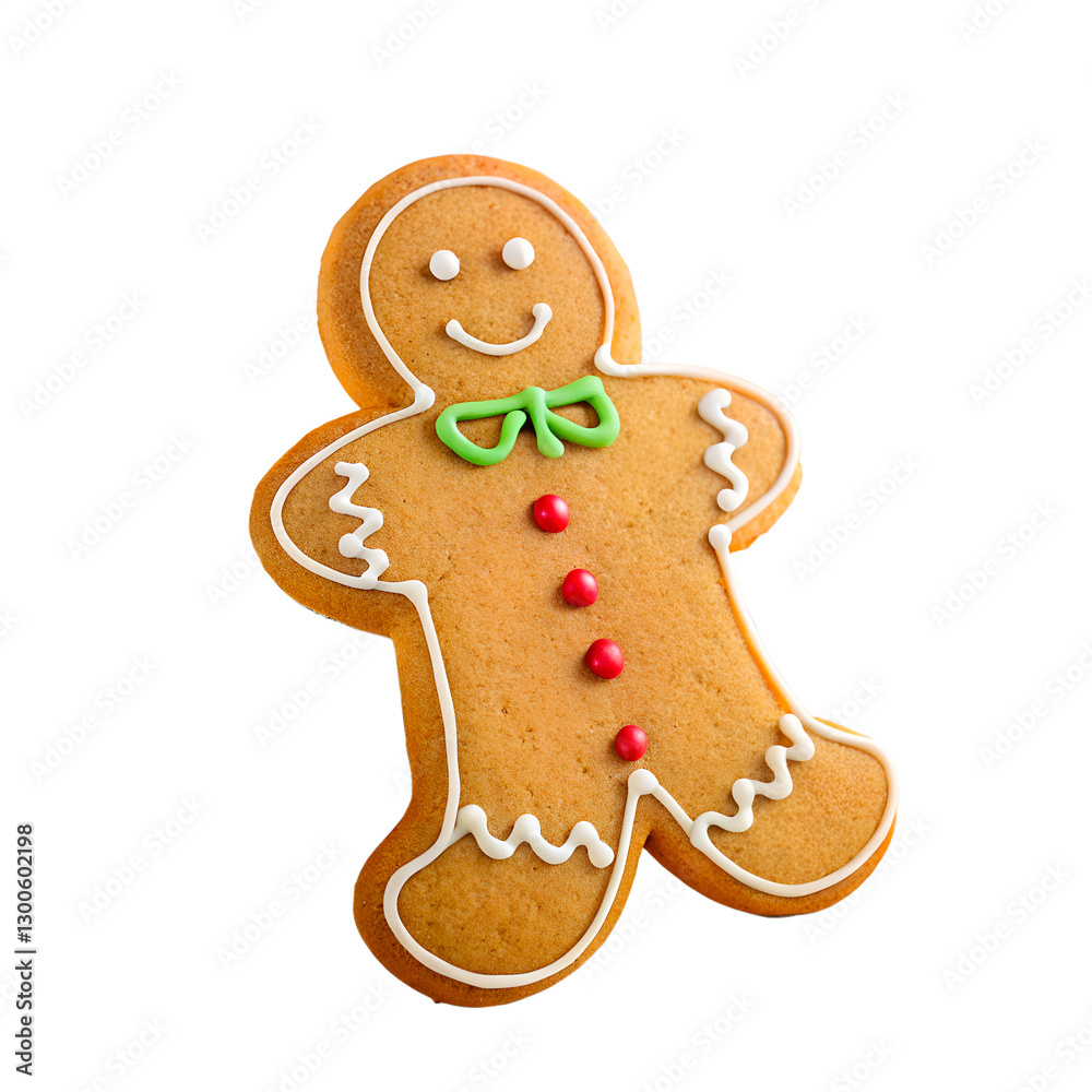 Naklejka premium Funny gingerbread man with white patterns, green bow tie and red buttons on transparent background.