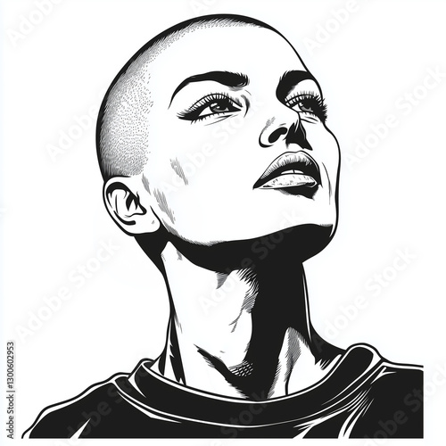 A woman with a shaved head, looking confident, engraving and scratch board style sketch, black and white illustration