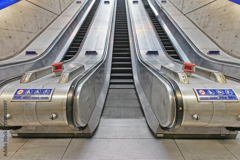 Three Escalators in Subway Train Station Public Transport Underground