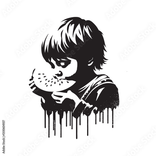 Stylized monochrome art of child relish a slice of watermelon de