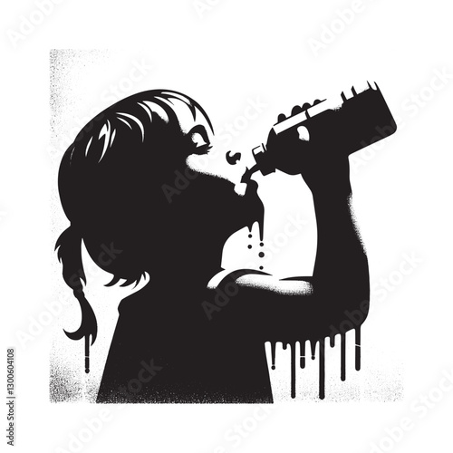 Monochrome depiction of a thirsty girl drinking, artistic and co