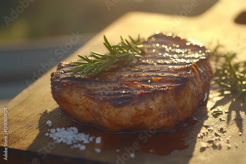 a perfectly grilled tuscanstyle porterhouse steak resting on a rustic wooden board garnished with fresh rosemary and sea salt bathed in golden evening light