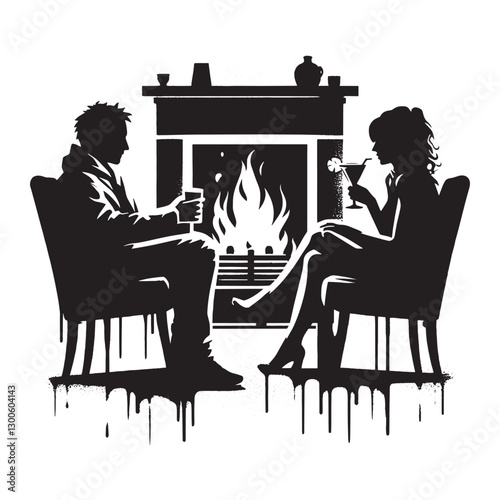 Silhouette of a couple enjoying drinks by the fireplace in a coz