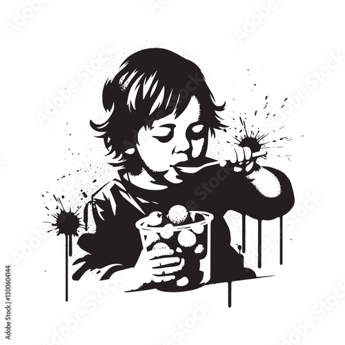 Child's Serene Indulgence: Monochromatic depiction of a young ch