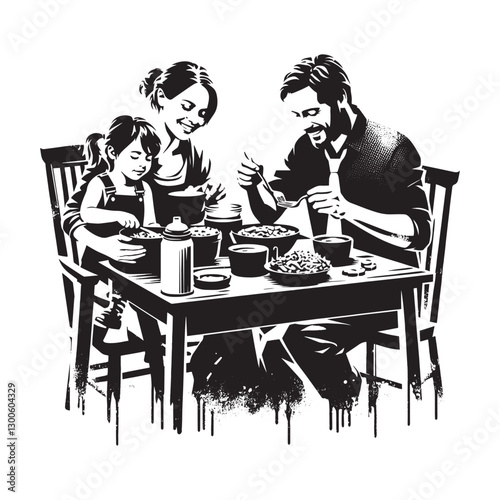 Monochrome Family Meal Illustration Featuring Shared Dishes and
