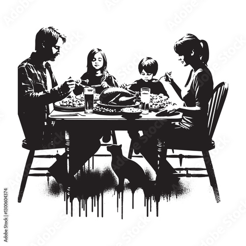 Stylized Monochrome Image of a Family Thanksgiving Dinner with F