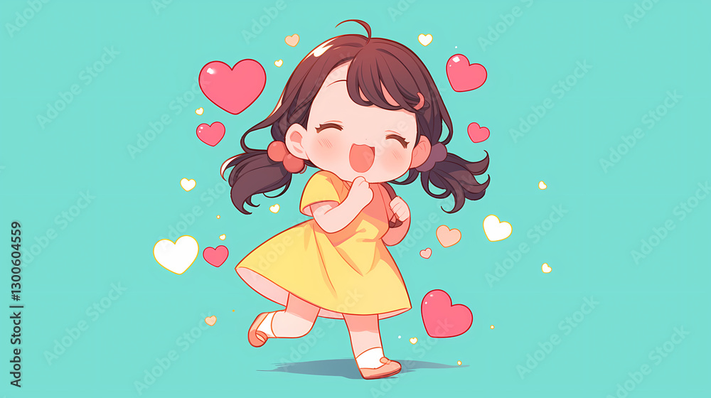 Cheerful animated girl in a yellow dress joyfully running with hearts on a vibrant background Cheerful animated girl in a yellow dress joyfully running with hearts on a vibrant background