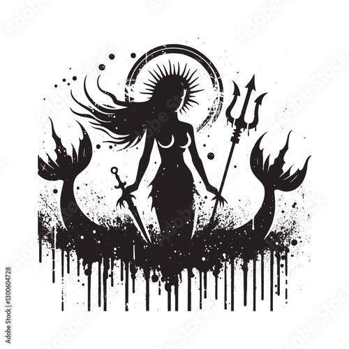 Aquatic Siren Stencil with Drips and Grunge in Monochrome Fantas