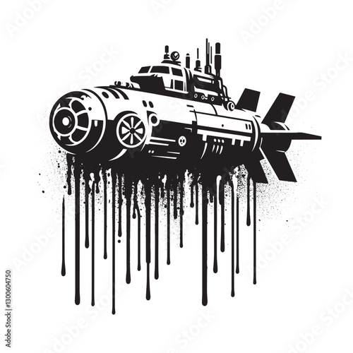 Stylized monochrome representation of a futuristic submarine con