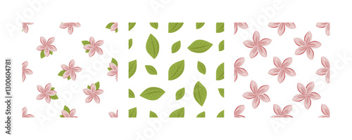 Set of seamless patterns with lotus flowers and green leaves in flat style on white background