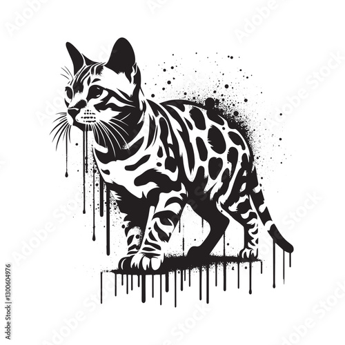 Striking monochromatic feline artwork depicting a Bengal cat wit