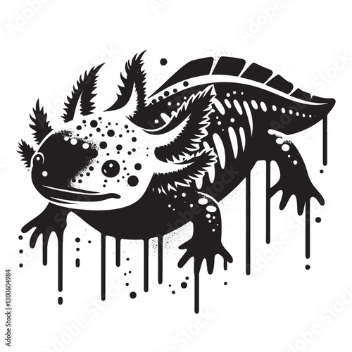 Monochrome stylized axolotl illustration with dripping paint eff