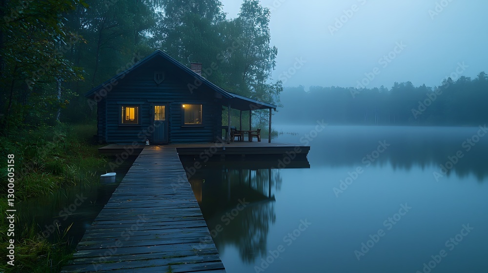 Obraz premium Tranquil cabin retreat by misty lake nature photography serene dusk peaceful escape