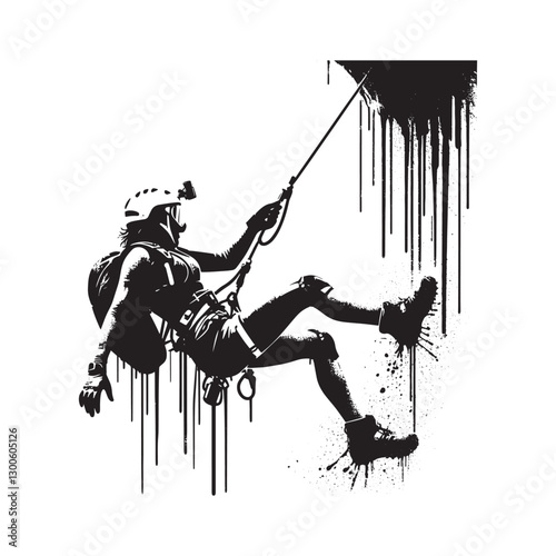 Silhouette of an intrepid rock climber rappelling down an abstra