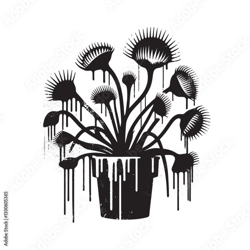 Silhouette of a Venus flytrap in a pot with dripping black paint